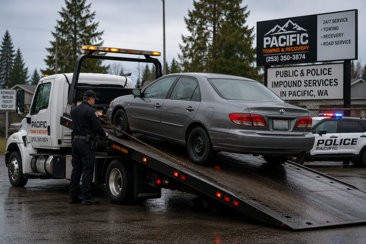 Pacific Towing truck with police officer performing impound service