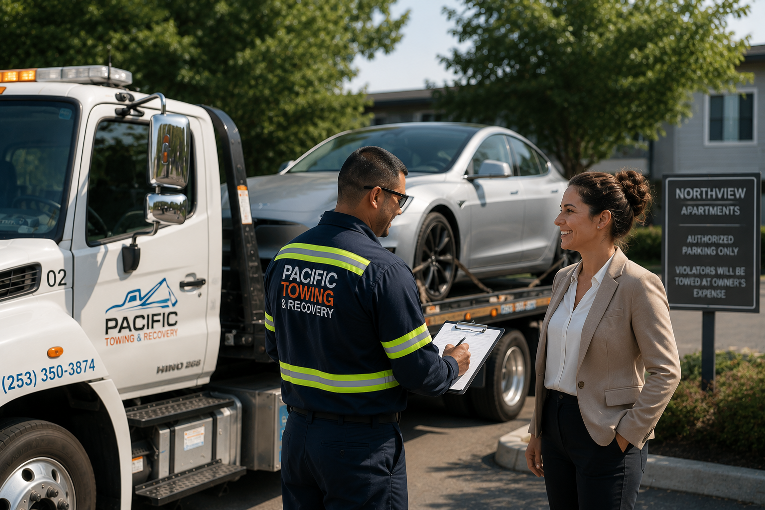 Pacific Towing & Recovery driver reviewing impound paperwork with a property manager at an apartment complex