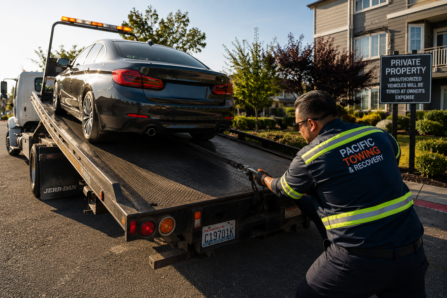 Pacific Towing & Recovery driver securing a BMW sedan on a Jerr-Dan flatbed at a private property in Washington