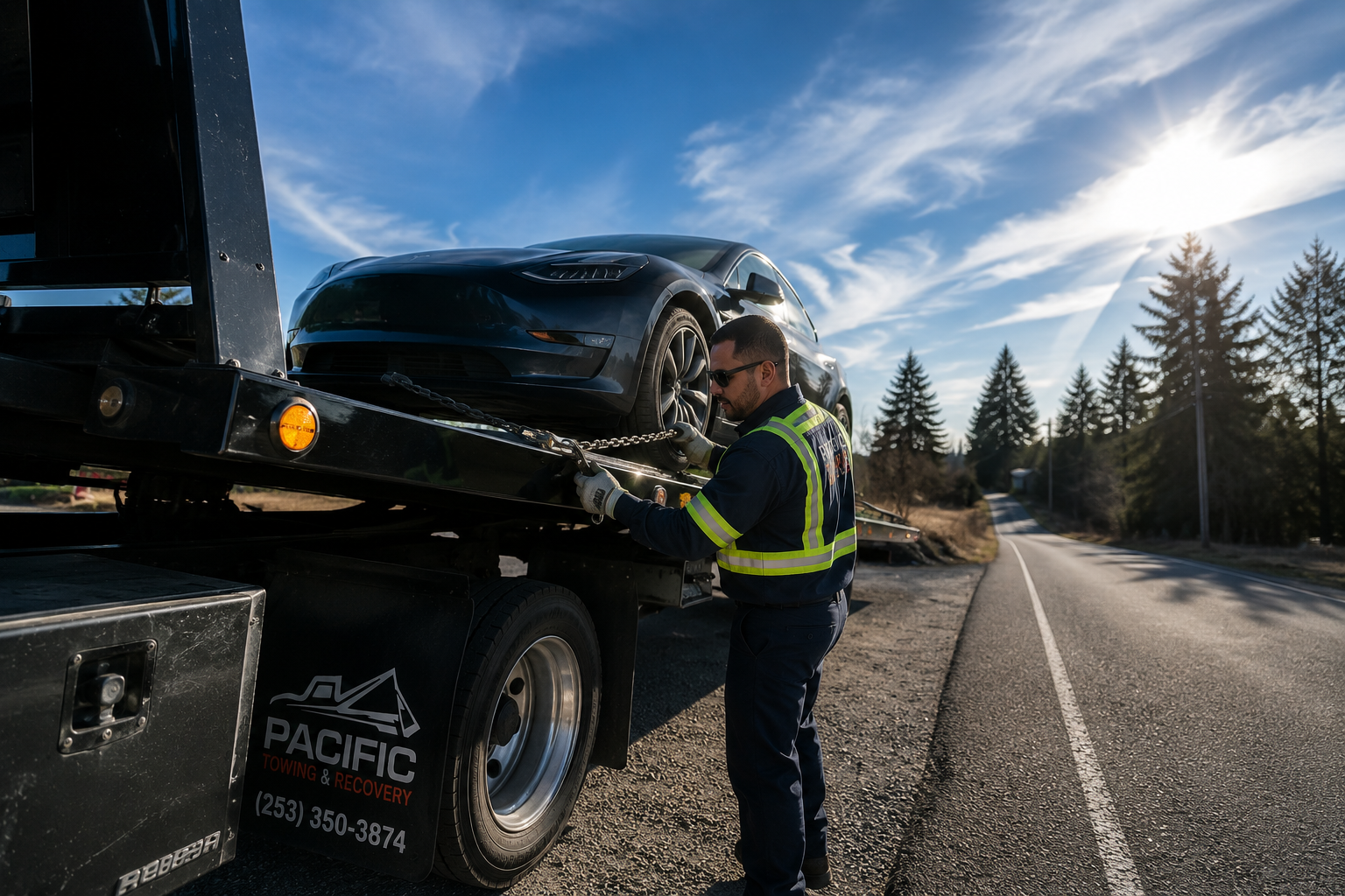 Pacific Towing & Recovery driver securing a Tesla on a flatbed on a highway in Washington